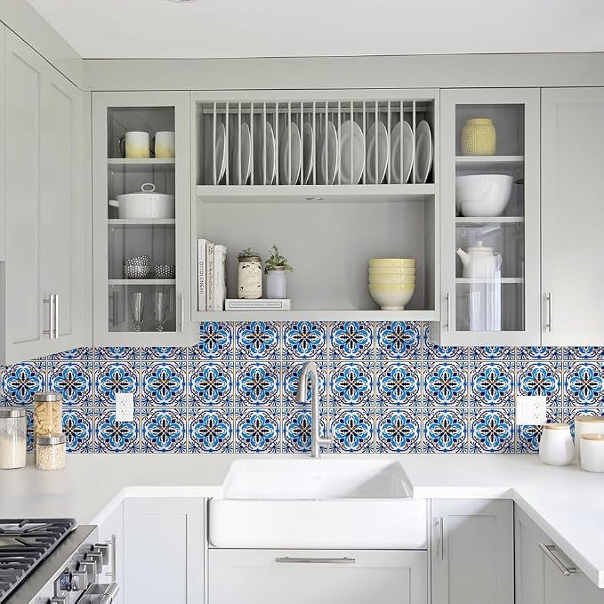 DICOFUN 32 Moroccan Tile Peel and Stick Backsplash, 6" x 6" Waterproof Mandala Stick on Wall Tiles (Style 1)