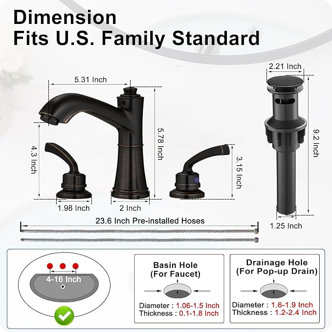 8 Inch Oil Rubbed Bronze Bathroom Faucet Widespread Brass Bathroom Sink Faucet 3 Hole, 2 Handle with Pop up Drain & Pre-Installed Water Hose