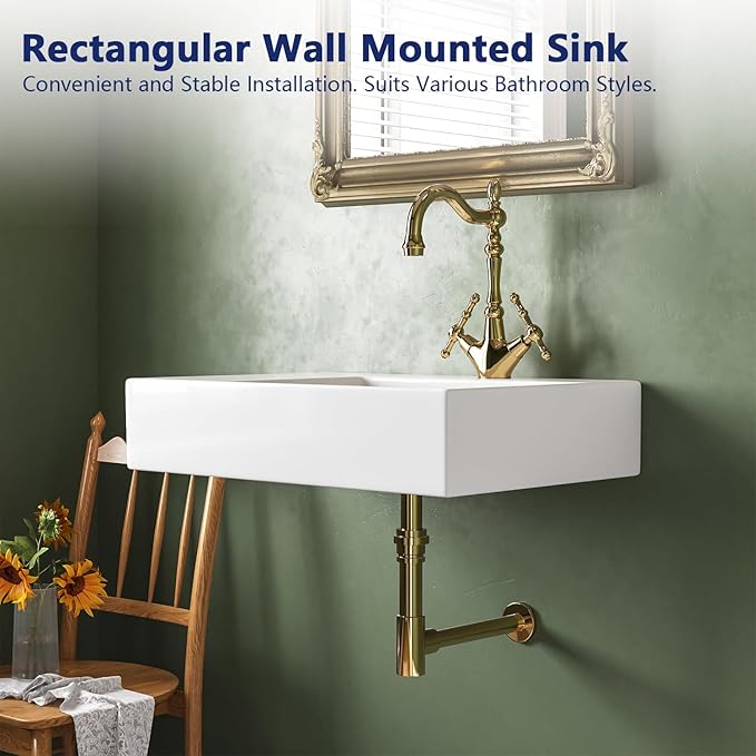 DeerValley 23x16 Inch Wall Mount Bathroom Sink, White Ceramic Rectangular Wall Hung Sink with Right Side Faucet Hole, DV-1WS0126R