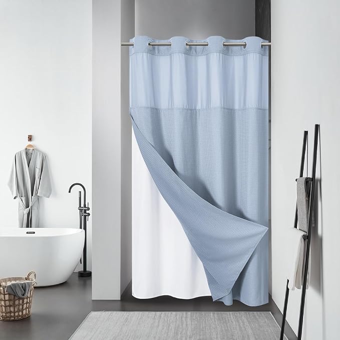 No Hook Waffle Shower Curtain with Snap-in Liner, 54x80 Inch, Frost Blue | 230GSM waffle weave fabric, waterproof liner set with 2 bottom magnets, mesh window, washable, for shower stalls or bathrooms