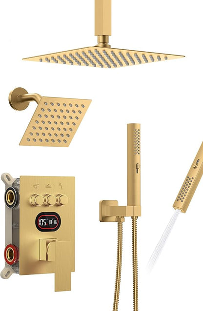 Longriver 3-Push Button Shower Faucet Set Hydro Power Temperature Display | Shower System Ceiling Mounted 10" & Wall Mounted 6" Shower Head with 3-Spary Handheld, Brushed Gold