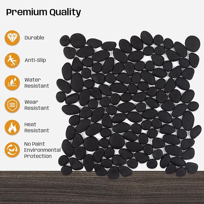 Pebble Tile for Shower Floor, 12"x12" Black Pebble Tiles, 5 SqFt | Slip-resistant Pebble Floor Tile for Bathroom, Shower, Kitchen Walls & Outdoor Areas, Mesh-Backed Easy to Install