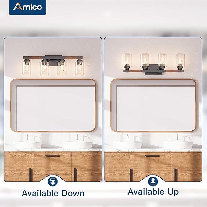 Amico Farmhouse Bathroom Vanity Light Fixtures,Rustic 4-Light Industrial Painted Wood Lights,Vintage Black Wall Sconces Bathroom Vanity Lighting with Bubble Glass Shade