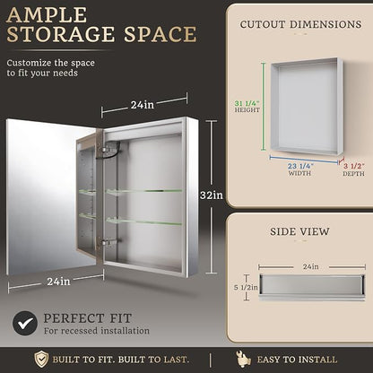 24x32 Lighted Medicine Cabinet, Separate Front & Back Lights | Surface/Recessed LED Medicine Cabinet for Bathroom with Side Mirrors, Dimmable Light, Anti-Fog, Memory,Silver Aluminum Frame