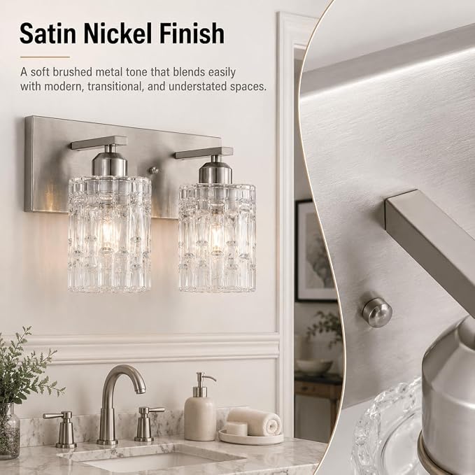 2-Light Nickel Crystal Bathroom Vanity Light Fixture Over Mirror, Modern Bathroom Wall Light for Living Room, Bedroom, Hallway