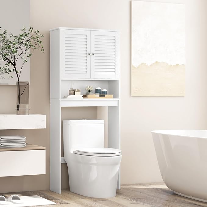 Giantex Over-The-Toilet Storage Cabinet, 3-Tier Freestanding Bathroom Rack w/Slat-Door Cabinet & 3-Position Adjustable Shelf, Space-Saving Storage Organizer for Bathroom, Washroom, Laundry Room