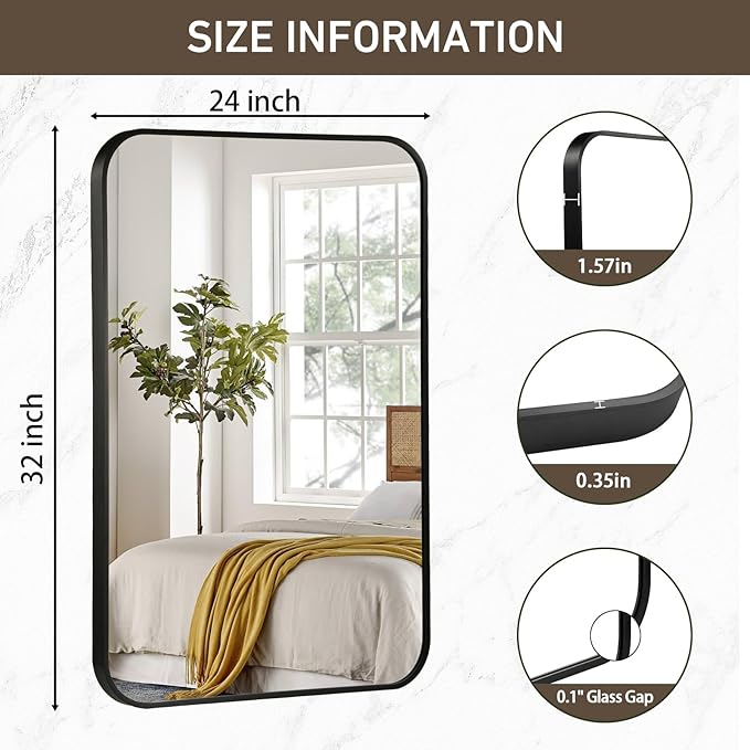 Black Bathroom Mirror, 24x32 Inch Matte Black Mirror, Aluminum Alloy Framed Vanity Mirror, Rounded Rectangle Bathroom Mirror for Over Sink, Anti-Rust Wall Mirror (Horizontally or Vertically)