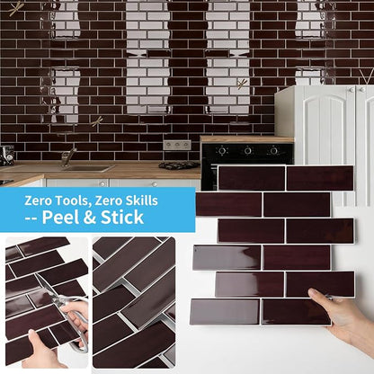 Art3d Peel and Stick Backsplash, Subway Wall Tile, 10-Pack, Dark Burgundy | 12 x 12 Inch, Water Resistant, Durable, Easy to Installation, Coastal Style, for Modern Home Decor, Kitchen, Home Improvement