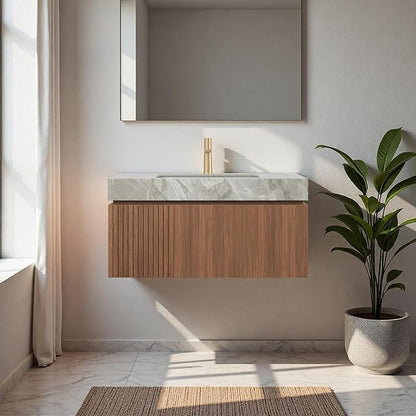 36" Bathroom Vanity with Sink, Wall-Mounted Plywood Bathroom Storage Cabinet with Ceramic Basin & Sintered Stone Countertop, Modern Pre-Assembled Floating Vanity with Drawer & Door, Brown Oak