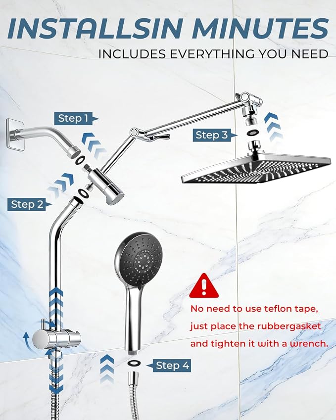 Shower Head with Handheld,High Pressure Chrome Slide Bar ShowerHead | Regaderas Para Shower,11.8" Rectangular,Rain Shower Head,Dual Shower Head,Bathroom Decor,Extension Arm,5 Spray Mode