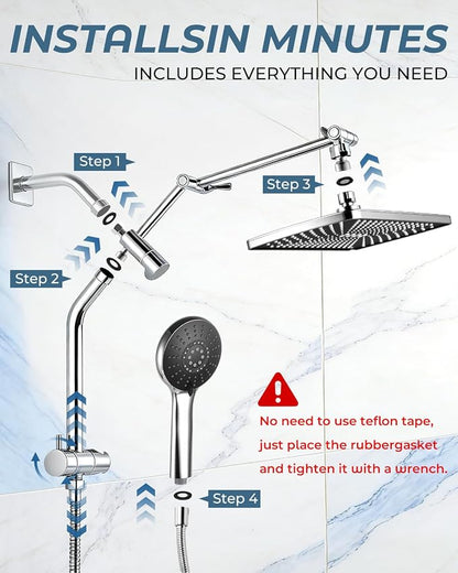 Shower Head with Handheld,High Pressure Chrome Slide Bar ShowerHead | Regaderas Para Shower,11.8" Rectangular,Rain Shower Head,Dual Shower Head,Bathroom Decor,Extension Arm,5 Spray Mode