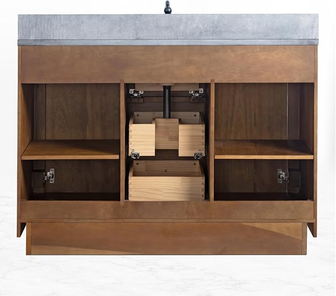 Vanity Art 48 inch Bathroom Vanity with Single Sink, Modern Wood Bath Vanity with Black Carrara Marble Top, Vanity Cabinet with Doors， Removable Shelf, Solid Wood, Ceramic Sink, Tan, VA7048B