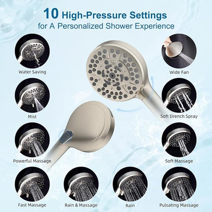 Hibbent All Metal 8" High Pressure Rain Shower Head Combo, Brushed Nickel | cUPC Certified Rainfall Shower Head with handheld 10 Sprays, 16'' Adjustable Extension Arm, 71'' Hose, Showerhead Holder