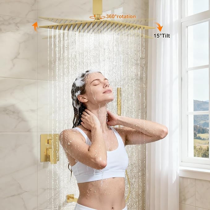 Brushed Gold Shower System with Tub Spout, Ceiling Mounted Bathtub Shower Faucet Set, 12" Rainfall Shower Head and Handheld Shower Combo, High Pressure Shower Fixtures Set with Rough-in Valve