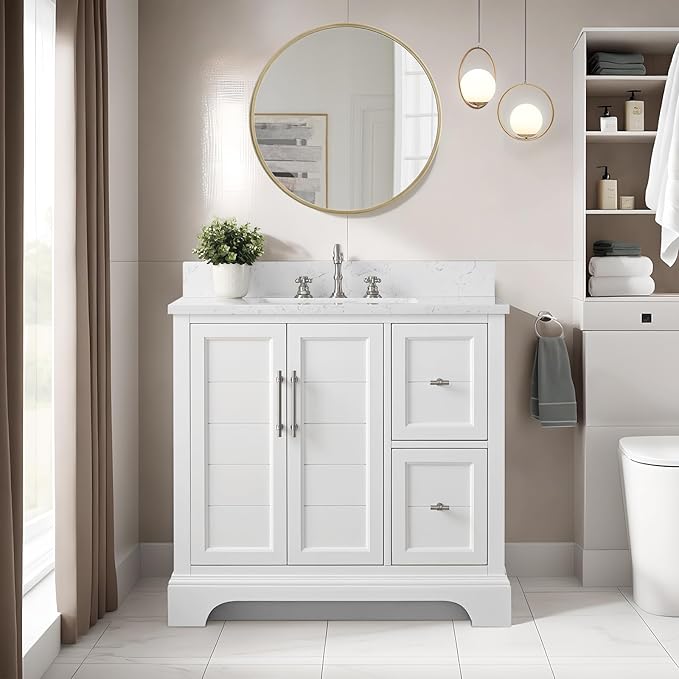 HOMEBEYOND 36 Inch Bathroom Vanity with Single Sink & Ceramic Top, Vanity Cabinet with Center Countertop Basin, Soft-Closing Doors, Backsplash, White