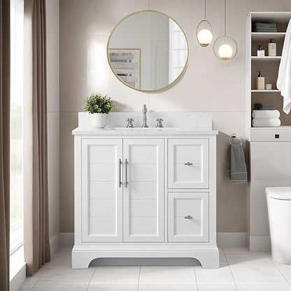 HOMEBEYOND 36 Inch Bathroom Vanity with Single Sink & Ceramic Top, Vanity Cabinet with Center Countertop Basin, Soft-Closing Doors, Backsplash, White