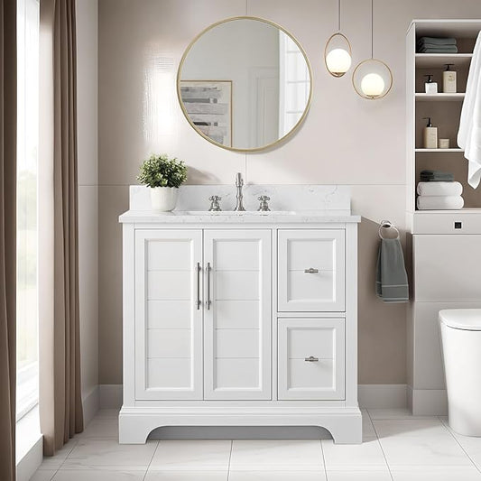 HOMEBEYOND 36 Inch Bathroom Vanity with Single Sink & Ceramic Top, Vanity Cabinet with Center Countertop Basin, Soft-Closing Doors, Backsplash, White