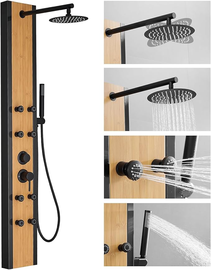 Shower Panel Tower System with Rainfall Shower Head, Wooden-style 304 Stainless Steel Shower Panels with 8 Body Massage Jets,Handheld for Home Hotel Bathroom Lavatory