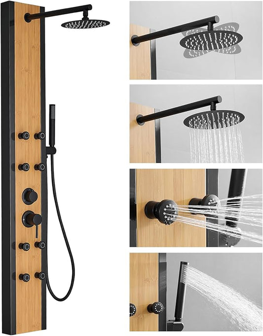 Shower Panel Tower System with Rainfall Shower Head, Wooden-style 304 Stainless Steel Shower Panels with 8 Body Massage Jets,Handheld for Home Hotel Bathroom Lavatory