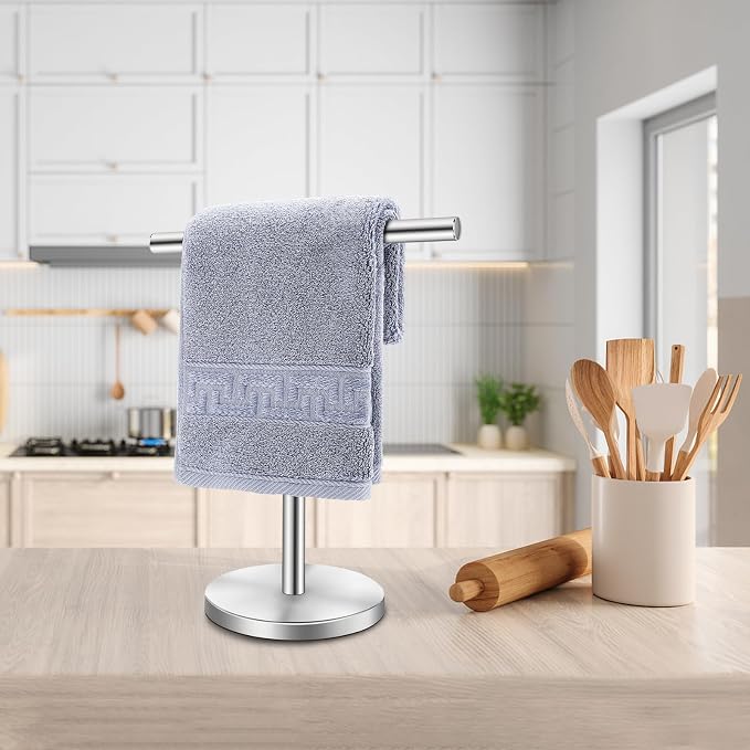 Hand Towel Holder Stand, Freestanding Bathroom Towel Rack, Silver | Weighted Stainless Steel Base Helps Prevent Tipping While The Open T-Shape Keeps Towels Dry on Bathroom Countertops