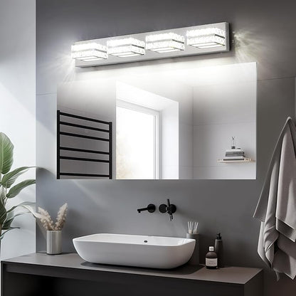 OKELI Crystal Vanity Lights LED Bathroom Vanity Light Fixture Over Mirror Modern Indoor Mirror Front Lamp, 6000K Cold White Dimmable, 4-Lights, 24W, ETL Listed