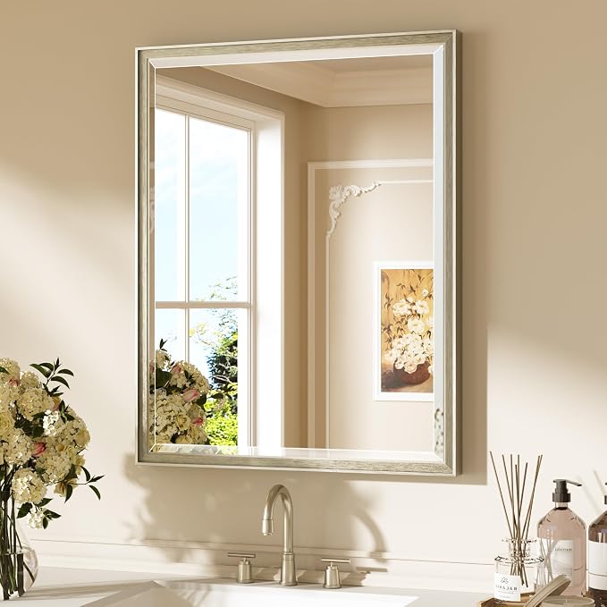 Keonjinn Brushed Nickel Bathroom Mirrors for Over Sink 24" x 30", Rectangle | Tempered Glass, Aluminum Alloy, Beveled Edge Mirror, Secure French Cleat, Transitional Decor, Framed Bathroom Vanity Mirrors