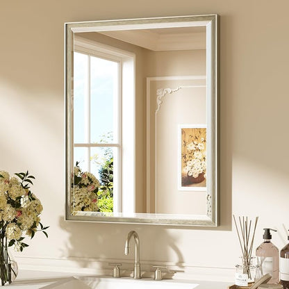 Keonjinn Brushed Nickel Bathroom Mirrors for Over Sink 24" x 30", Rectangle | Tempered Glass, Aluminum Alloy, Beveled Edge Mirror, Secure French Cleat, Transitional Decor, Framed Bathroom Vanity Mirrors