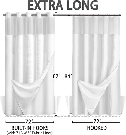 No Hook Shower Curtain and Liner Set,White Hotel Waffle Shower Curtain with Liner 87" L x 72" W