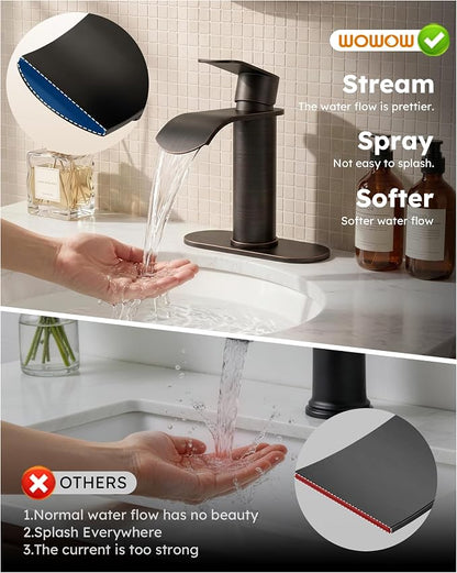 Waterfall Bathroom Faucet Single Handle – WOWOW Modern Oiled Rubbed Bronze Vanity Sink Faucet, Stainless Steel Basin Sink Tap for RV Lavatory 1 or 3 Hole, Hot & Cold Mixer Tap with Pop up Drain