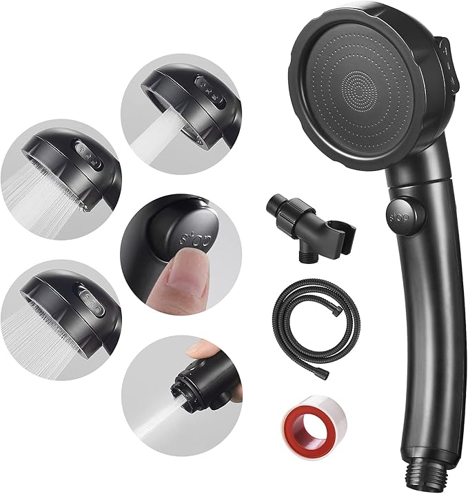 SINGSUO High Pressure Handheld Shower Head with On Off Switch (Black) | Detachable Shower Head, 3 Spray Modes Shower Massager Handheld with Hose and Adjustable Angle Bracket