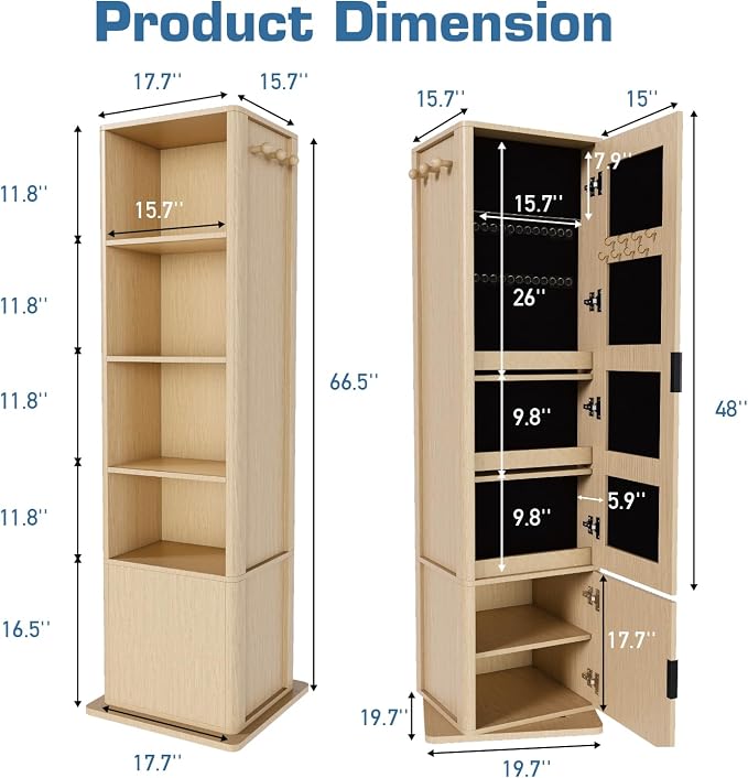 360° Rotating Jewelry Cabinet, 66.5" Standing Jewelry Armoire with Full-Length Mirror + Hidden Storage + 4-Tier Shelf + Coat Racks, Multi-Functional Jewelry Organizer for Bedroom, Entryway