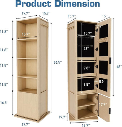 360° Rotating Jewelry Cabinet, 66.5" Standing Jewelry Armoire with Full-Length Mirror + Hidden Storage + 4-Tier Shelf + Coat Racks, Multi-Functional Jewelry Organizer for Bedroom, Entryway