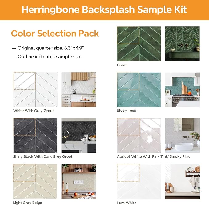 STICKGOO Herringbone Peel and Stick Backsplash Sample Kit, 6.3 x 4.9 in | Quarter-Size Color Samples, Preview the Look and Feel Before Buying, Multiple Colors, Thicker Vinyl, Kitchen/Bathroom