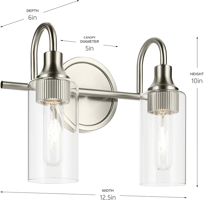 Kichler Kavi 12.5" 2-Light Vanity Light with Clear Glass in Brushed Nickel, Damp Rated, for Bathroom, Powder Room, Over a Mirror, (12.5" W x 10" H), 55210NI