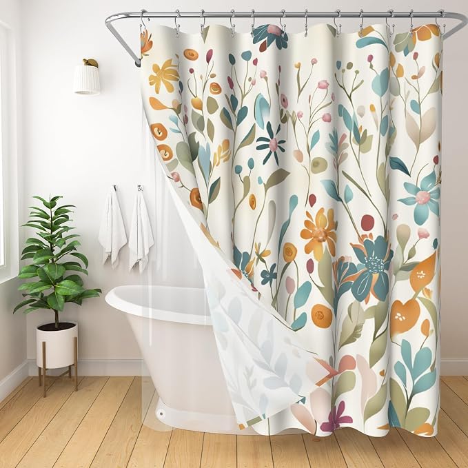 3 in 1 Shower Curtain Set, Colorful Floral | Polyester Bath Curtain with Magnetic PEVA Liner and 12 Double Sided Stainless Steel Hooks 72x72 Inches
