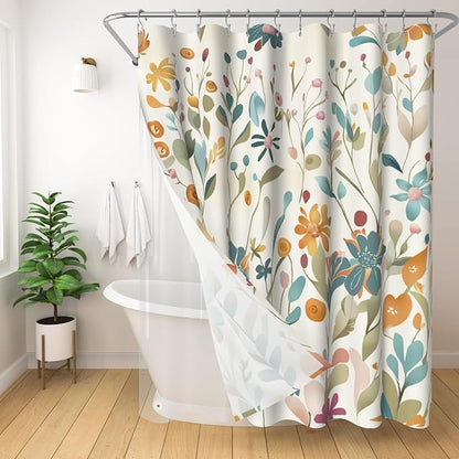 3 in 1 Shower Curtain Set, Colorful Floral | Polyester Bath Curtain with Magnetic PEVA Liner and 12 Double Sided Stainless Steel Hooks 72x72 Inches