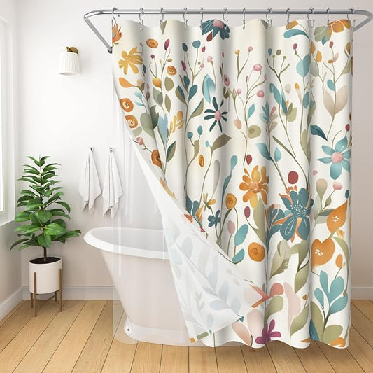3 in 1 Shower Curtain Set, Colorful Floral | Polyester Bath Curtain with Magnetic PEVA Liner and 12 Double Sided Stainless Steel Hooks 72x72 Inches