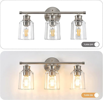 Bathroom Light Fixtures Over Mirror, 3 Lights Vanity Lights with Clear Glass Shade, 18.1" Brushed Nickel Farmhouse Bathroom Wall Light Fixtures for Bedroom, Hotel, Mirror Cabinet