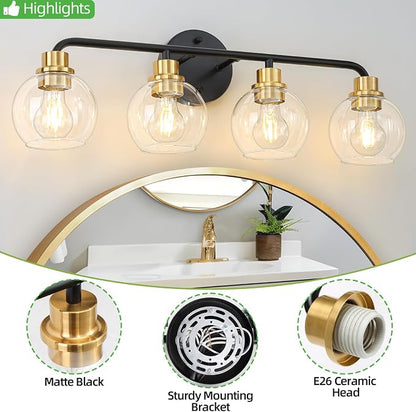 4 Light Bathroom Vanity Light, Black and Gold Bathroom Light Fixtures | with Clear Glass Shade Modern Wall Sconces Lighting Bath Wall Lights Lamp for Mirror Kitchen Living Room Bedroom Hallway