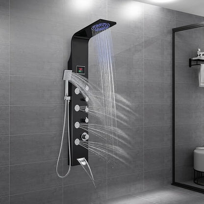 ROVOGO Unibody Shower Panel Tower with 4 Modes (Rainfall Shower, Body Jets, Handheld and Tub Spout), No Battery Needed Led Lights and Temp Display, 304 Stainless Steel Shower Column, Black