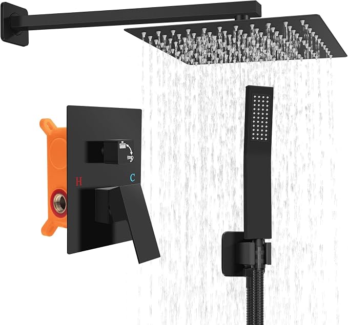 Bathroom Shower Faucet Set，12 Inch Rain Shower Head with Handheld Spray，Brass Shower Valve Trim Kit，Wall Mounted Square Rain Shower System (Matte black)