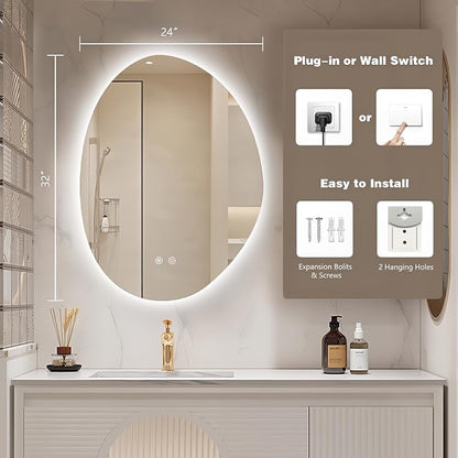 Niccy Irregular LED Bathroom Mirror, Frameless Backlit Wall Mirrors,24"x32" | Asymmetrica Lighted Mirror for Bedroom Living Room, Modern Smart-Mirror with 3 Color Lighting, Anti-Fog, Memory Function