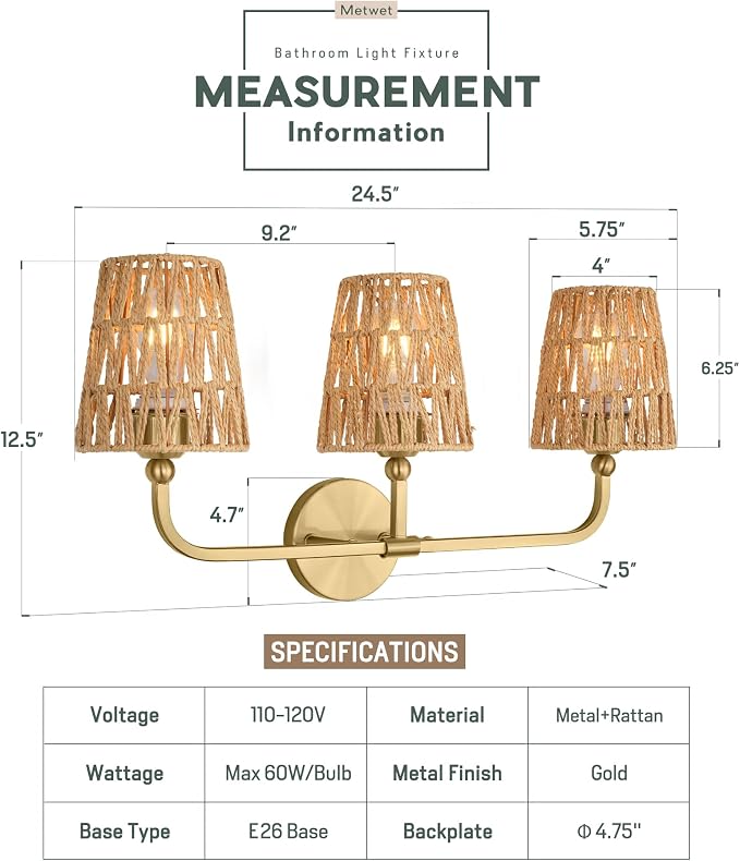 3-Light Brushed Gold Bathroom Vanity Light, Handwoven Rattan Shades | Ideal for 28-38" mirrors, 24.5" bathroom light fixtures over mirror, upward only, E26 base, bulbs not included, VL837-BG-RA-3