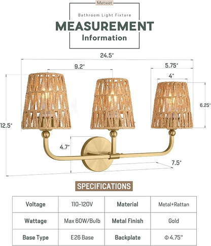 3-Light Brushed Gold Bathroom Vanity Light, Handwoven Rattan Shades | Ideal for 28-38" mirrors, 24.5" bathroom light fixtures over mirror, upward only, E26 base, bulbs not included, VL837-BG-RA-3