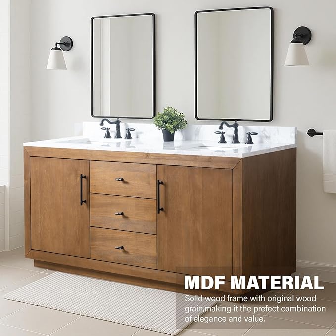 HOMEBEYOND 72" Bathroom Vanity with Double Sink & Ceramic Top, MDF Material Vanity Cabinet with Basin Combo, Soft-Closing Doors, Removable Shelf, Backsplash, Tan