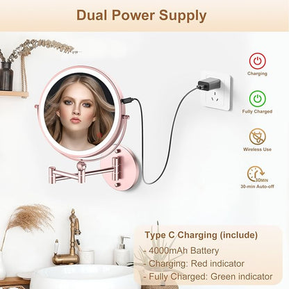 9" Wall Mounted Lighted Makeup Mirror,4000mAh Rechargeable Double Sided 1X/10X Magnifying Mirror with Light,Touch Dimmable,Extended Arm 360 Rotation Wall Mounted Makeup Mirror 3 Color Lights Gold