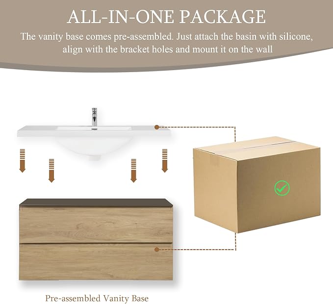 42 Inch Floating Bathroom Vanity with Sink, Wall Mounted Floating Vanity | Large Storage with 2 Soft Close Drawers, One-Piece Basin Bathroom Sink Cabinet, Natural Oak, Pre assembled