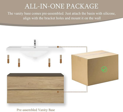 42 Inch Floating Bathroom Vanity with Sink, Wall Mounted Floating Vanity | Large Storage with 2 Soft Close Drawers, One-Piece Basin Bathroom Sink Cabinet, Natural Oak, Pre assembled