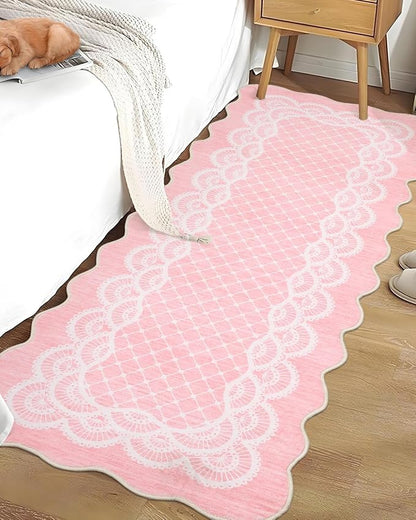 GarveeHome Washable Pink Rugs 2x6 Scalloped Kitchen Runner Rug Hallway, Non-Slip Bordered Bedside Rug, Non-Shedding Scalloped Carpet Runner for Laundry Room, Bedroom, Living Room, Pink