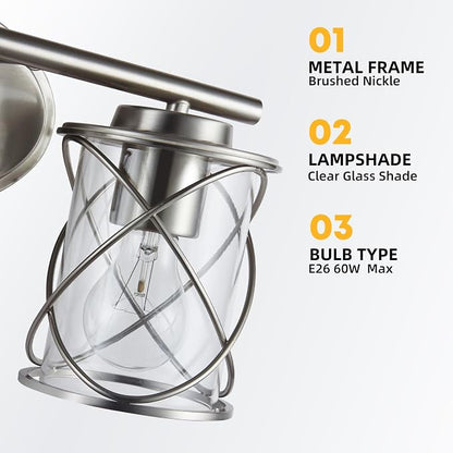 Bathroom Vanity Light Fixtures Over Mirror, 4 Lights Bathroom Vanity Lights, Brushed Nickel Vanity Light, Modern Bathroom Lights with Cage Shade, Bathroom Wall Lamp for Mirror Bedroom